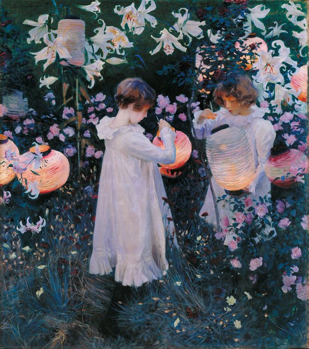 Carnation, Lily, Lily, Rose (1885-6) by John Singer Sargent (American artist, lived 1856-1925). Tate Britain. Sargent painted outdoors every day from September to November 1885 - a few minutes at a time - when the light was perfect. #dusk #lanterns