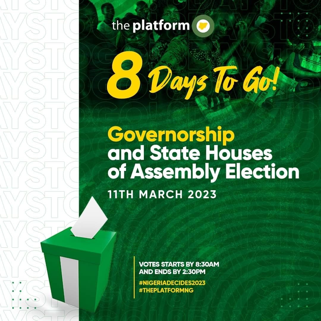 pastorpoju's tweet image. 8 days to go!

As March 11, 2023, draws close, let us resolve to come out en masse to peacefully cast our votes.

The only way to protect any democracy is active participation.

Your vote makes a huge difference.

#ThePlatformNG