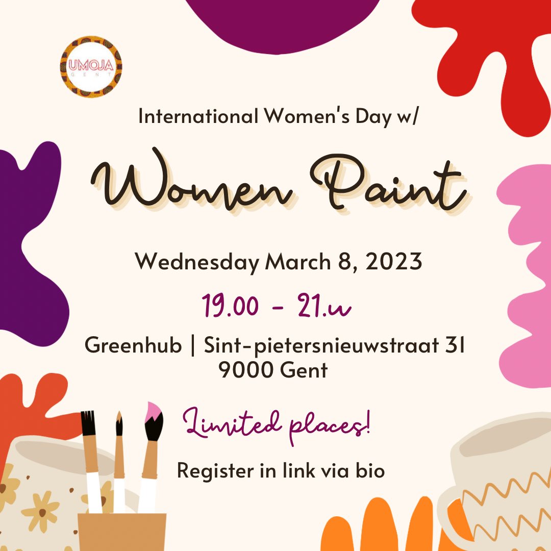 Umoja Ghent is back with another edition of our beloved Women Paint 🎨🤍

Care to join the fun this next Wednesday? Joy, laughter, Beyoncé and love is already on the menu 💓

Register here below 👇 Places are limited!!! 

docs.google.com/forms/d/e/1FAI…