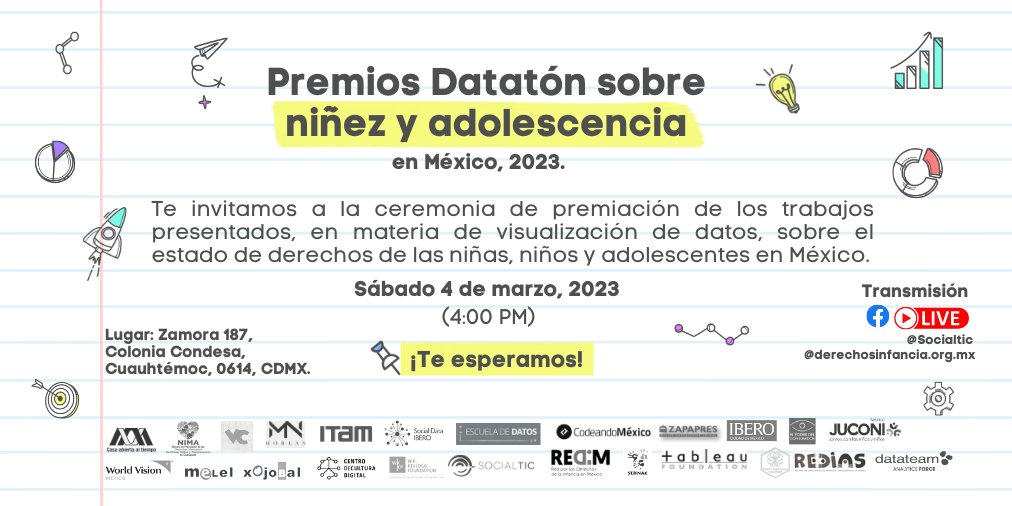 derechoinfancia's tweet image. ⭕️ ¡Qué emoción! 🤩🥳 

Falta poco para los #PremiosDatatónSobreNiñezyAdolescencia2023 🏆

❤️ Te invitamos a la ceremonia de premiación de los trabajos presentados en visualización y narración de #InfanciasEnDatos🇲🇽

🗓️ Sábado 4 de marzo
🕰️ 4:00 pm  
¡Participa, Te esperamos!