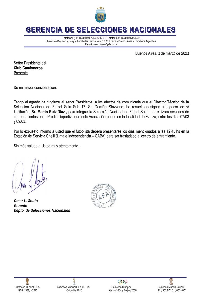 ⚽️ #Futsal #Masculino #AFA
⚠️ ATENCIÓN:
MARTÍN RUÍZ DÍAZ jugador de Camioneros fue citado para el Seleccionado Nacional de Fútbol Sala, Sub 17.
Ampliaremos...
📌 Aquí la citación oficial 👇