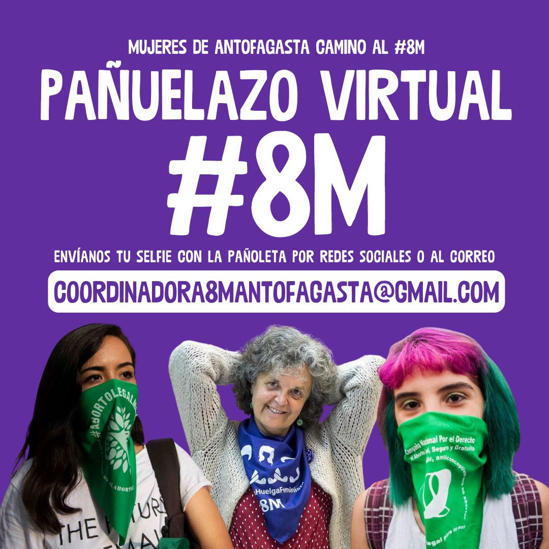 ¡Súmate al Pañuelazo Virtual Feminista 💜💚📸!  🤳Envíanos tu selfie con tu pañuelo x rrss o envíala al correo👇 coordinadora8mantofagasta@gmail.com 
#Pañuelazovirtual #lahuelgageneralva #mujeres #Antofagasta  #calama #sanpedro #tocopilla #ollague #mariaelena #mejillones #taltal