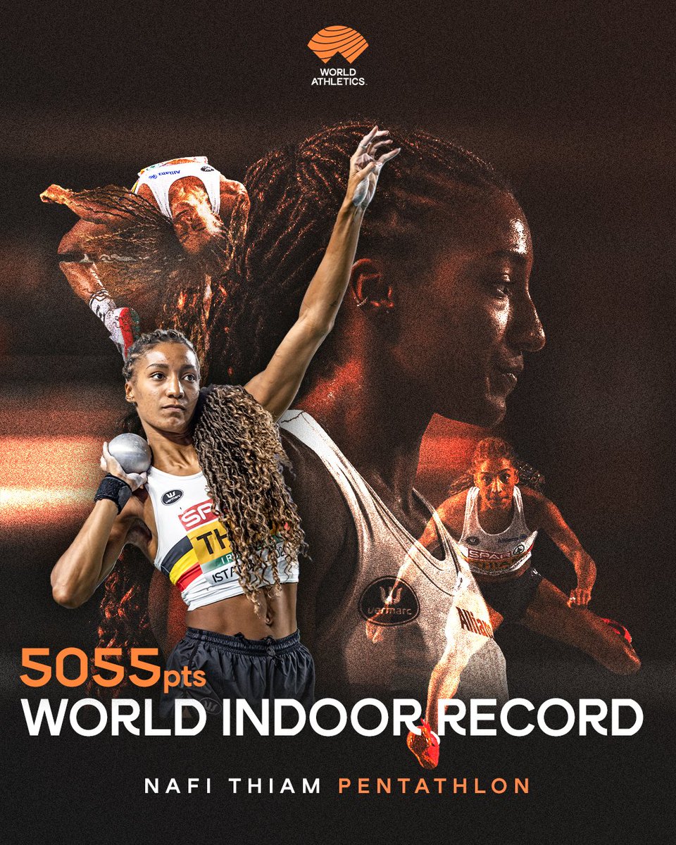 WorldAthletics's tweet photo. WORLD INDOOR RECORD ‼️

@thiam_nafi 🇧🇪 scores 5055 points to break the pentathlon world indoor record and earn @EuroAthletics Indoor 🥇 in Istanbul.

Her results across the 5️⃣ events:
60m hurdles – 8.23
High jump – 1.92m
Shot put – 15.54m
Long jump – 6.59m
800m – 2:13.60 https://t.co/gNiLYgVCoD