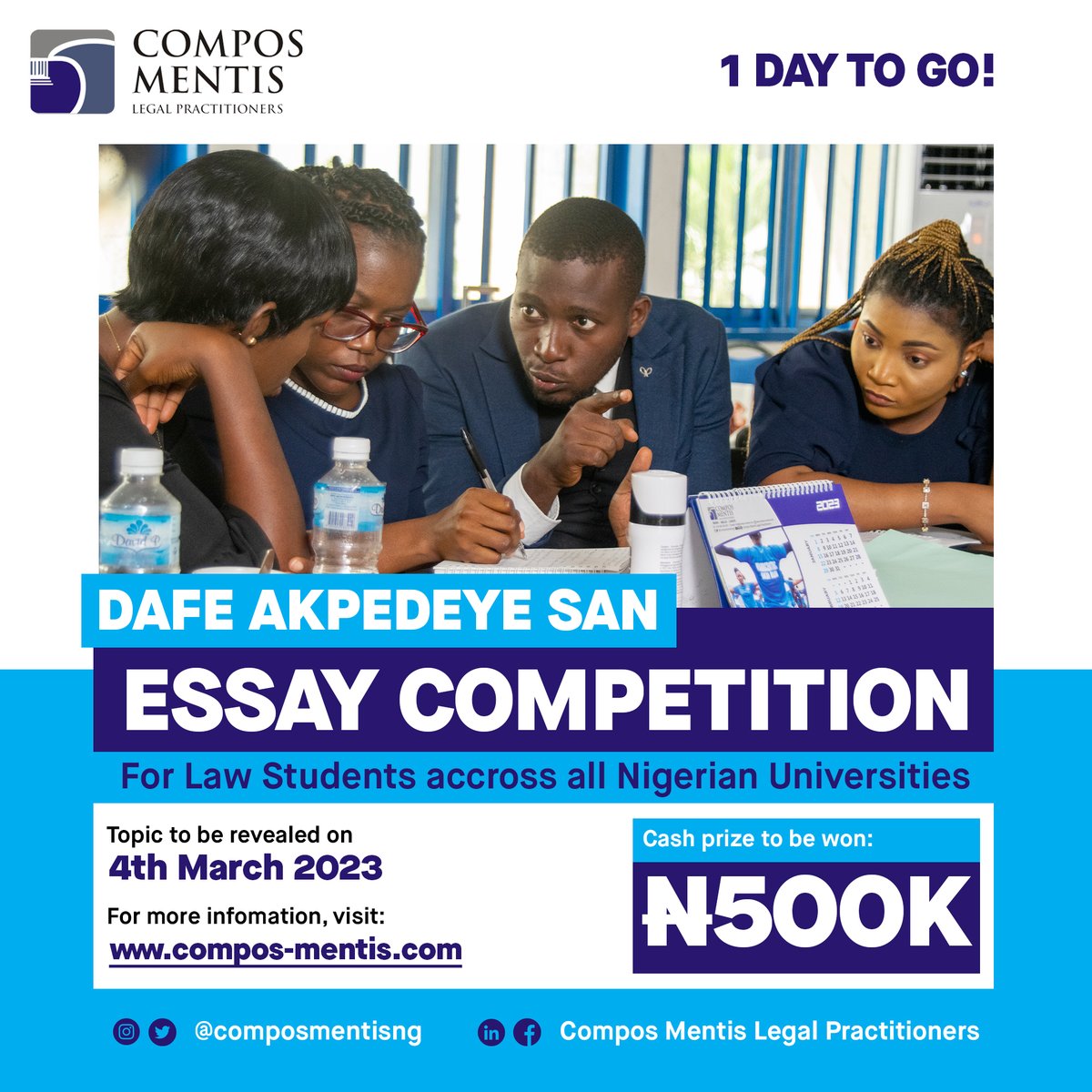 composmentisng's tweet photo. 1 DAY TO THE REVEAL OF THE ESSAY TOPIC FOR THE 2023 DAFE AKPEDEYE SAN ESSAY COMPETITION!
Are you ready?!
#DafeAkpedeyeSANEssayCompetition2023 #DafeAkpedeyeSANEssayCompetition #ComposMentisLP #CMLP #ComposMentis #PremierLawFirm https://t.co/4fmKnvvGsn