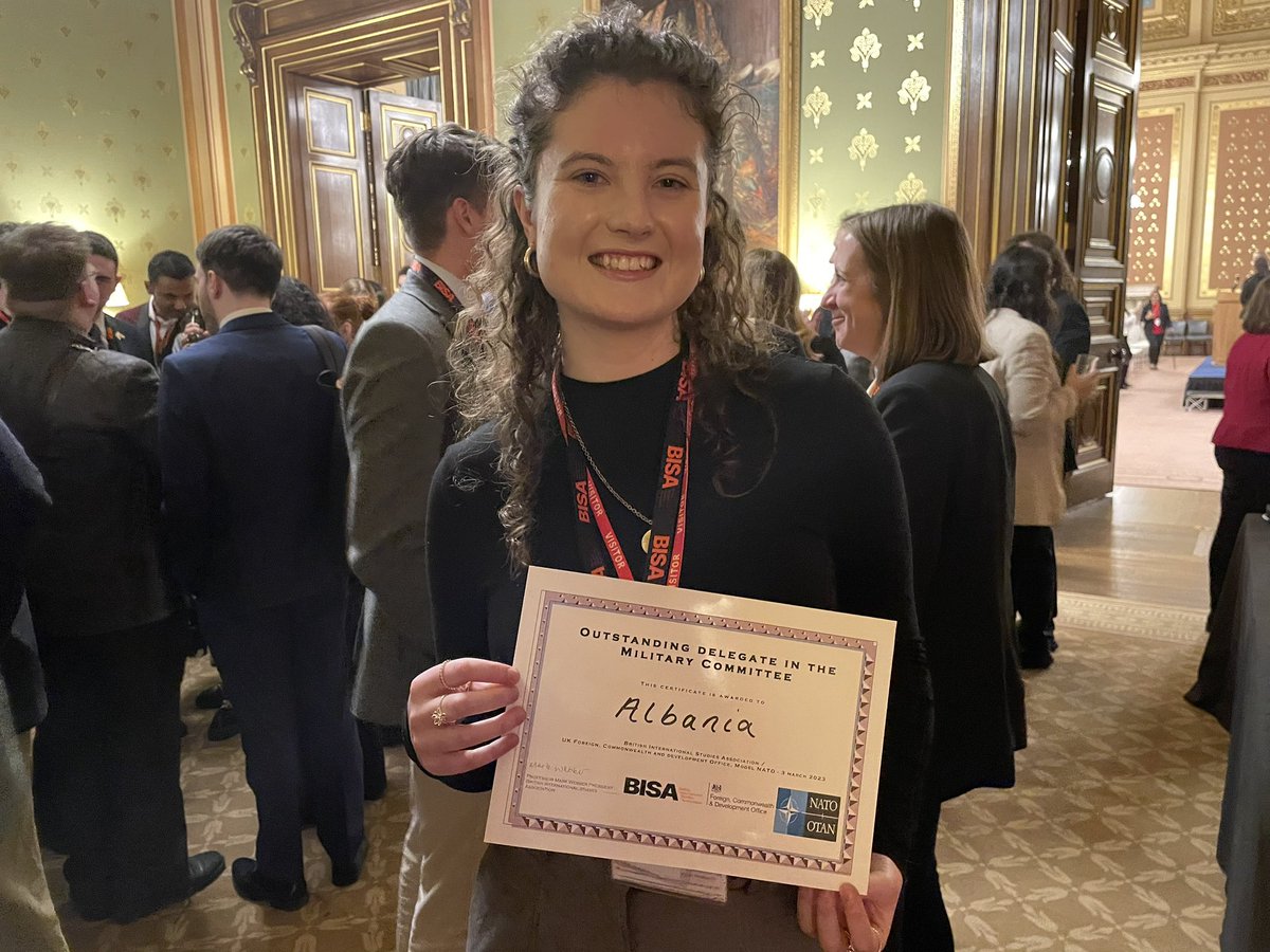 A win for team Stirling! Congratulations Jenna! Outstanding Delegate on the Military Planning Committee representing 🇦🇱 @ustirhistpol @StirUni @AlMissionNATO #BISAFCDOModelNATO