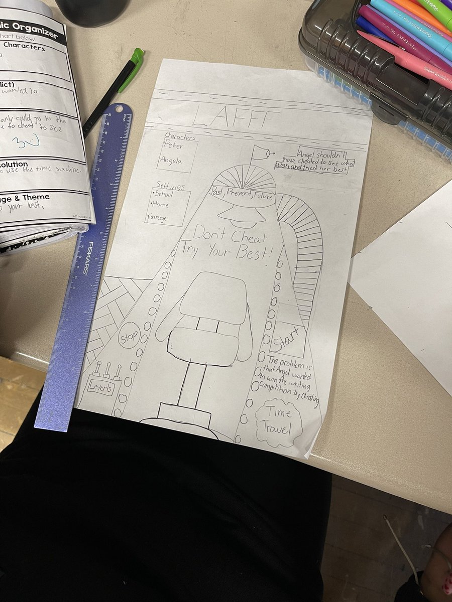 MissCoffman1's tweet photo. We are working on our left side processing for our INBs! Ss made a story structure/theme/text org movie poster over our story, LAFFF! They needed to include some visual adaptation from the book and many chose a Time Machine. These look so cool! #WPSProud #WPSAVID @IrvingElementa1 https://t.co/XZtzDg8VNH