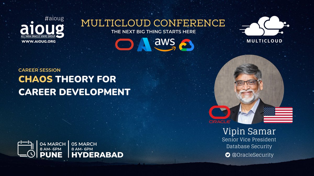 AIOUG's tweet image. One Day to Go for #MultiCloud Conference! We are excited to hear  Vipin Samar @oraclesecurity speak about -Keynote: CHAOS theory for career development bit.ly/3ZWsHRF  

@OracleCloud @Azure @awscloud  #aioug #oracledatbase #OracleCloud #multicloud #Keynote #Security