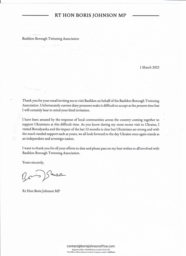 BasildonTwinning (@basildontwin) on Twitter photo After seeing that Boris had recently visited Borodyanka, we contacted him and asked if he Would like to visit Basildon to see the work Twinning is doing to help that town and this is his reply. After seeing that Boris had recently visited Borodyanka, we contacted him and asked if he Would like to visit Basildon to see the work Twinning is doing to help that town and this is his reply.