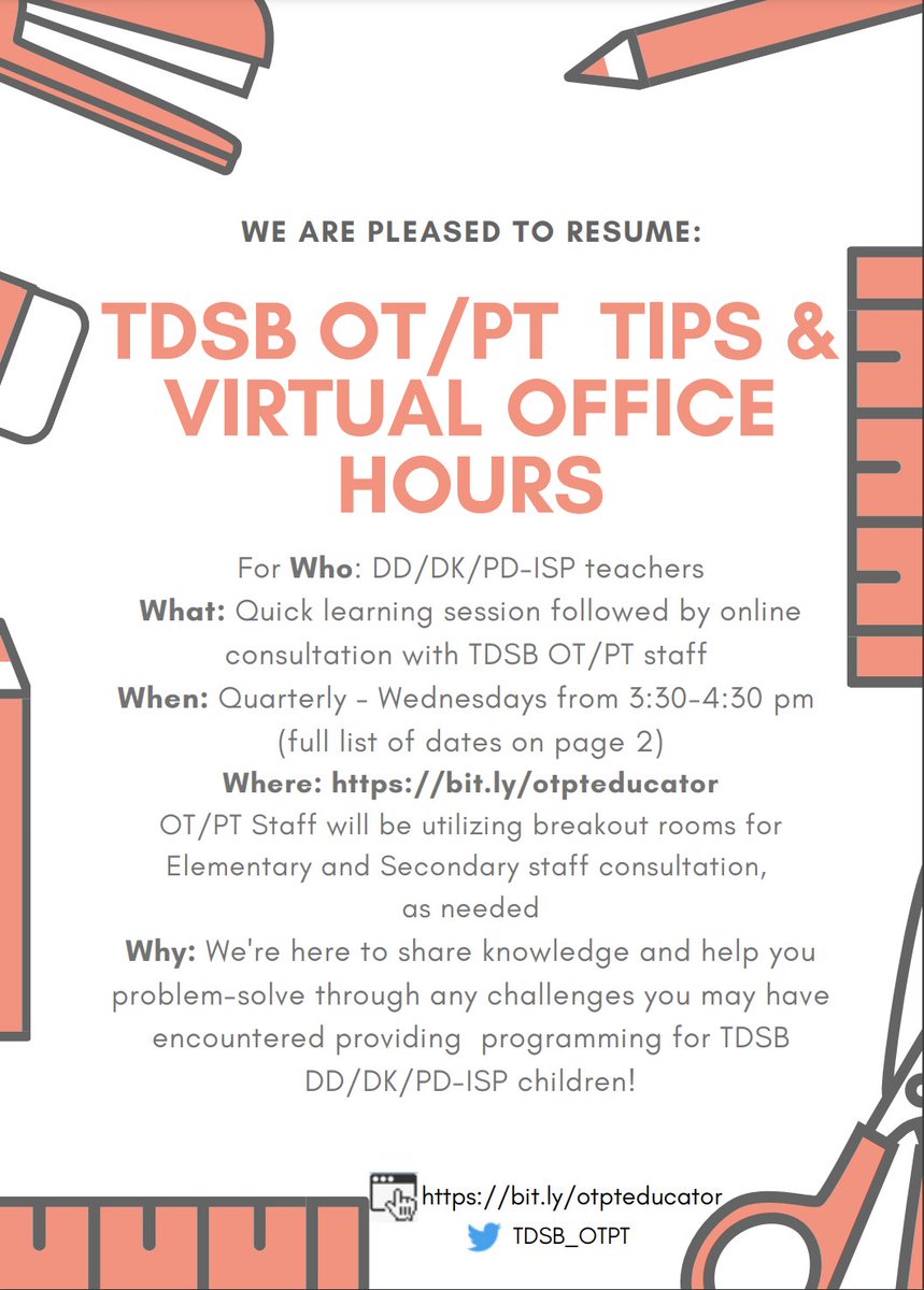 Attention DD/DK/PD-ISP educators! 

Our next OT/PT virtual office hours session topic is "Finding calm: supporting yourself and others during stressful behaviours". 🧘 

When: March 29th, 12:30-1:30PM
Where: BIT.LY/OTPTEDUCATOR

We are looking forward to seeing you there!