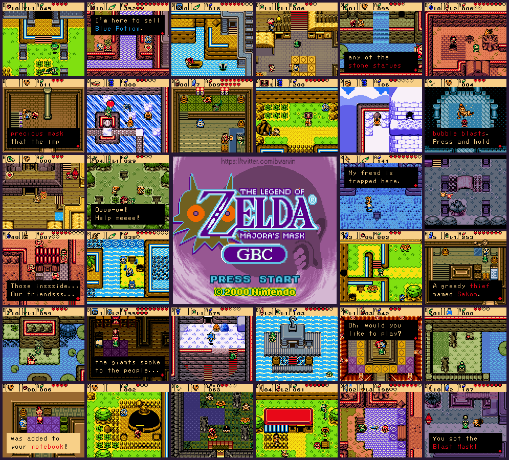 Here's a collage of some Majora's Mask scenes I made in the GBC Oracle series style. I've been meddling with something bigger than this for a while now and have more to show than this, but I had fun making in-action scenes for this collage with the Maps and sprites I made. #Zelda