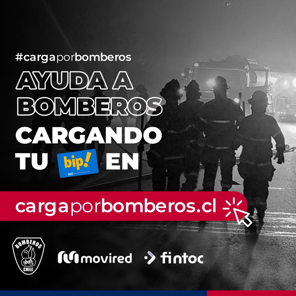 𝗔𝗬𝗨𝗗𝗔𝗥 𝗘𝗦𝗧𝗔 𝗔 𝗨𝗡 𝗦𝗢𝗟𝗢 𝗕𝗜𝗣! 

Recarga tu tarjeta bip! en cargaporbomberos.cl y por cada carga realizada, <a href="/moviredcl/">Movired.cl</a>  donará una parte a Bomberos de Chile, sin tocar el monto de tu recarga.