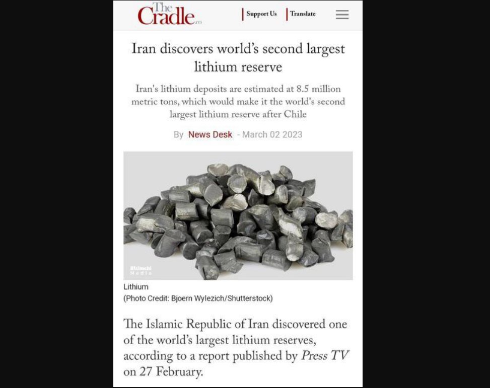 WallStreetMav's tweet photo. Lithium deposit found in Iran 🔥🔥🔥

Neocons: "Time we brought some democracy to Iran!" https://t.co/x1yMK5NCfw