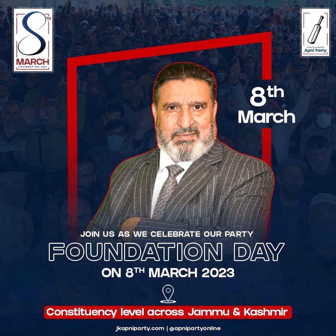 AdvocateTak's tweet image. Let's Celebrate the vision of Harmony and Peace on Apni Party Foundation Day.
Join us on 8th March across Jammu & Kashmir.
Altaf Bukhari
#JKAP #Apniparty #Apnipartyonline #AltafBukhari #8thMarch #FoundationDay #PartyFoundationDay #Vision #empowerment #development #
