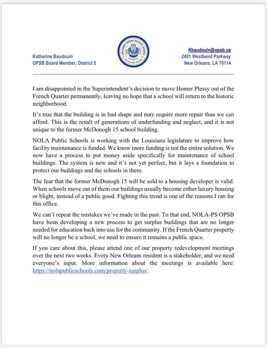 I’m disappointed in the Superintendent’s decision to move @PlessySchool out of the French Quarter permanently. See my full statement below.