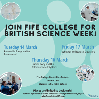 We want local Schools in Fife to join us for British Science Week #BSW23 👩‍🔬 👨‍🔬 
Experience our fantastic Science facilities while taking part in a range of experiments and activities 🔭 🔬 🌎
‼️ Places are limited so book early by emailing stem@fife.ac.uk now ‼️ 
<a href="/ScienceWeekUK/">British Science Week</a>