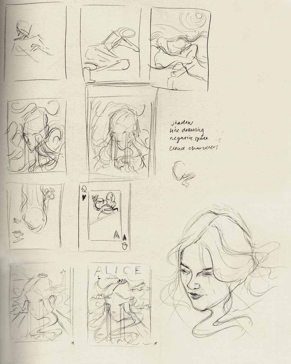 Hgillinghamm's tweet photo. ‘Alice’ sketchbook thumbnail sketches. Stepping away from the more representational work to explore adding surreal aspects to my work. #sketchbook #processdrawing https://t.co/nmvEaeCZOl