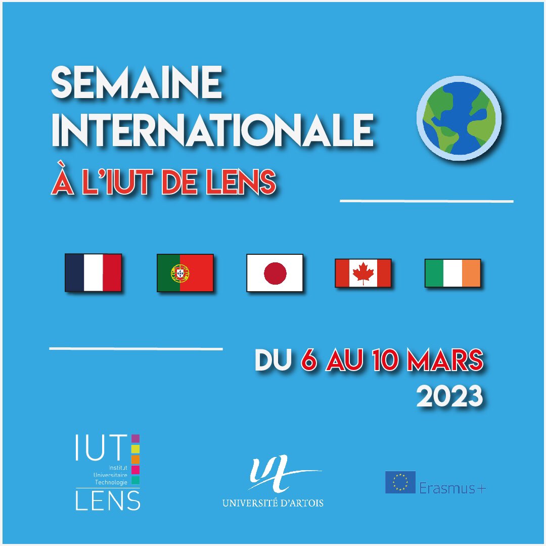 IUTdeLens's tweet image. L’IUT organise une semaine internationale du 6 au 10 mars 2023 ! ✈️

Au cours de cette semaine d’échange, ce seront près de 120 étudiants français 🇫🇷, portugais 🇵🇹, irlandais 🇮🇪, canadiens 🇨🇦 et japonais 🇯🇵 qui seront réunis dans le cadre de 3 projets internationaux.