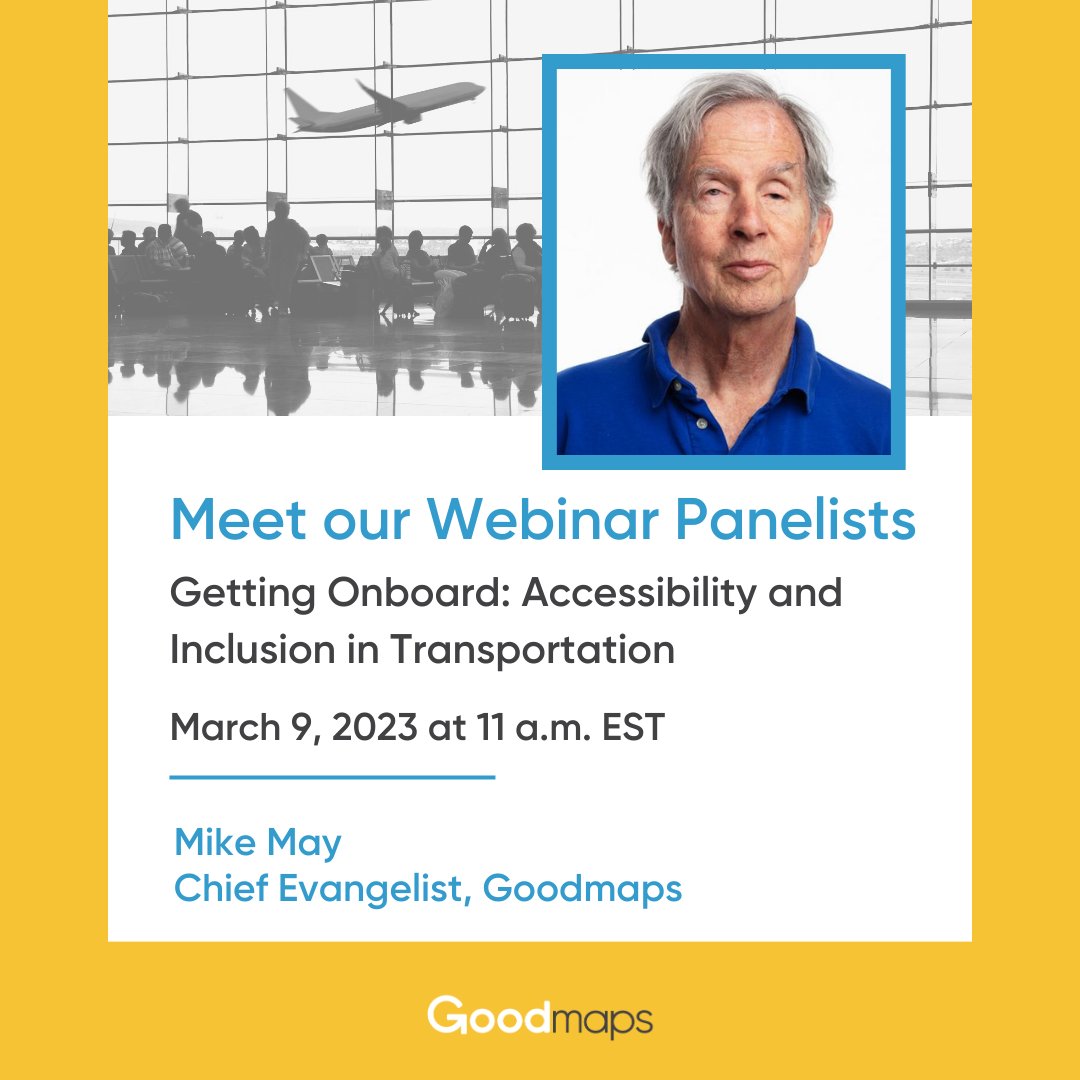GoodMapsForAll's tweet image. Meet the panelists for our upcoming webinar on March 9, 2023, at 11 a.m. EST!

@CrashingThru, Goodmaps’ own Chief Evangelist, has been a pioneer in new product and business development since the 80s.

Register here – ow.ly/47UO50N7VTF

#OnboardWithAccessibility2023