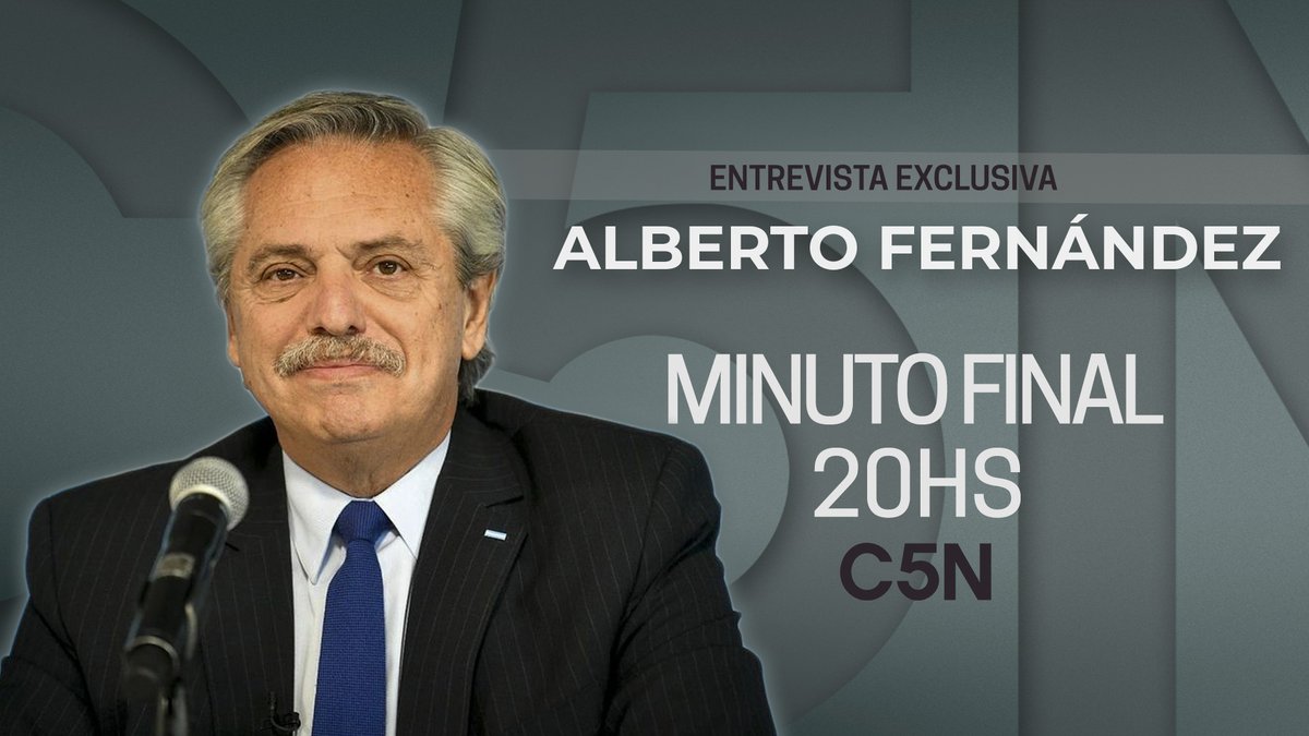 ⌚ Hoy a las 20:00 | #MinutoFinal con <a href="/maurofederico/">Mauro Federico</a> 

🗣 Entrevista exclusiva con Alberto Fernández (<a href="/alferdez/">Alberto Fernández</a>)

🔴 [EN VIVO] bit.ly/C5NENVIVO24HS