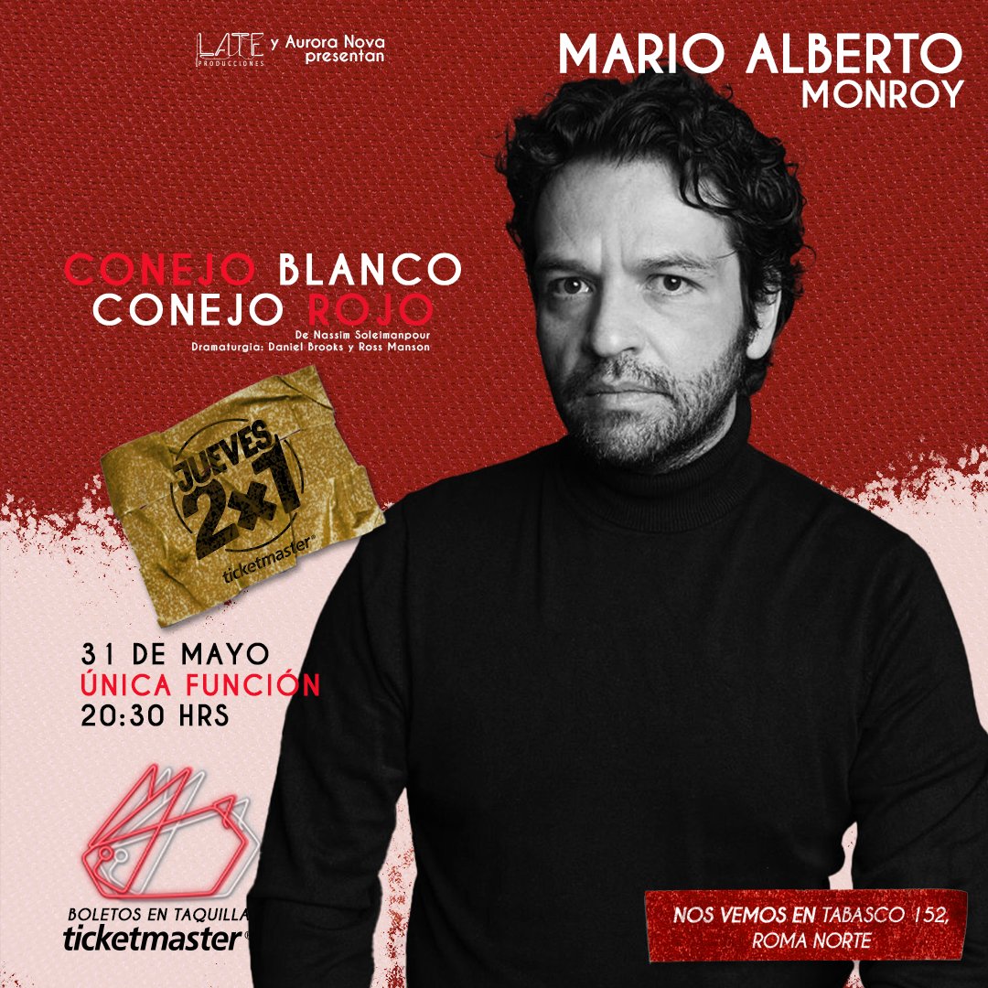 El escritor y actor Mario Monroy se preparará este 31 de mayo para #ConejoBlancoConejoRojo, una obra donde no tiene idea de lo que le espera. Compra tus boletos al 2x1 aquí. >> bit.ly/ConejoMarioAMo…