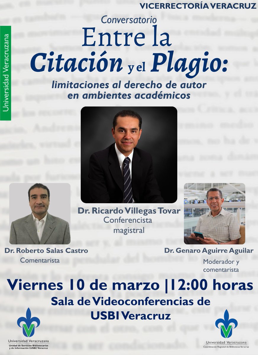 La USBI Veracruz y a Coordinación Regional de Bibliotecas, invitan al conservatorio:
"Entre la citación y el plagio: limitaciones al derecho de autor en ambientes académicos"
Viernes 10 de marzo
12:00 horas / sala de Videoconferencias de la USBI