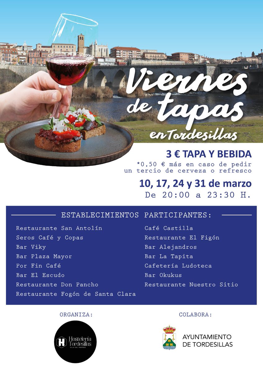 "Viernes de Tapas en Tordesillas"

🍺 La Asociación de Hostelería de Tordesillas en colaboración con el propio Ayuntamiento vuelven a poner en marcha esta iniciativa. Participan 15 establecimientos del municipio con el objetivo de promover el turismo gastronómico de Tordesillas.