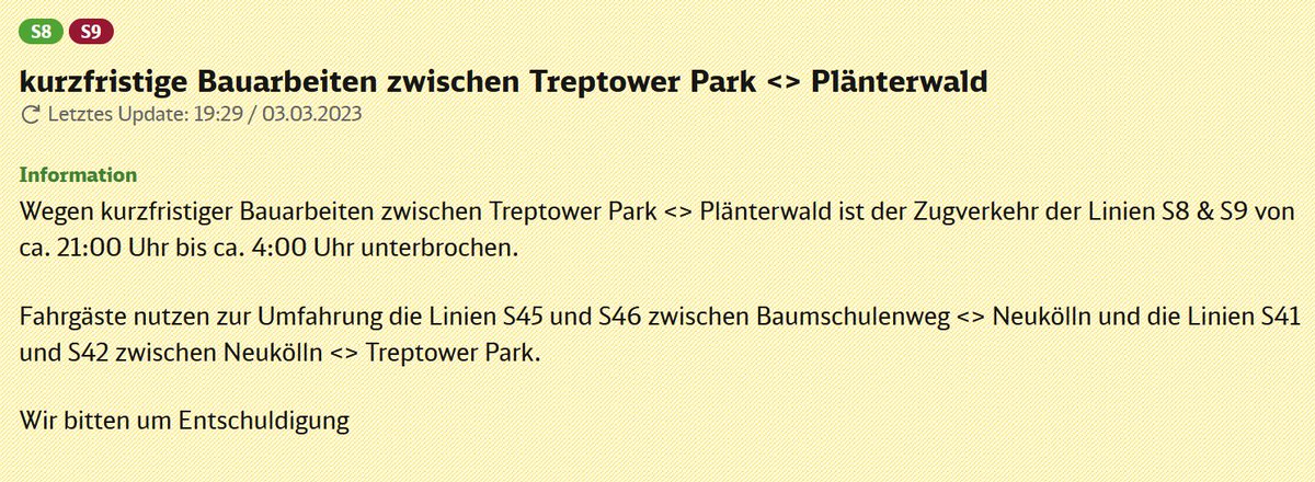 VIZ_Berlin's tweet photo. Für den @SBahnBerlin -Abschnitt Treptower Park - Plänterwald sind kurzfristige Arbeiten anberaumt worden. Der Zugverkehr (#S8 und #S9) ist von 21:00-04:00 Uhr unterbrochen!
Bitte #S45 und #S46 Baumschulenweg <> Neukölln und #S41 und #S42 Neukölln <> Treptower Park nutzen. https://t.co/q4sIR3GYWO