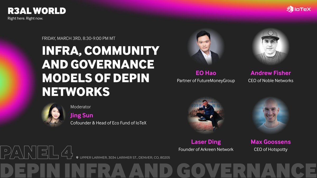 На панели Infra &amp; Gov на #R3alWorld представлены эксперты DePIN из @FutureMoneyVC <a href="/NobleNetworks_/">Noble Networks</a> <a href="/arkreen_network/">arkreen</a> и <a href="/hotspotty/">DePIN Hub / Hotspotty</a> и модерируется сооснователем <a href="/iotex_io/">IoTeX</a> 

bit.ly/3Z2aH7c

<a href="/IamAndrewFisher/">Andrew Fisher 🎈</a> <a href="/LaserDing/">Laser Ding⚡</a> <a href="/codeboymadif/">⚡️EO⚡️CodeBoy_MadeInTheFuture</a> <a href="/maxime_goossens/">Max</a> <a href="/cbetass/">Jing</a>
 #ETHDenver