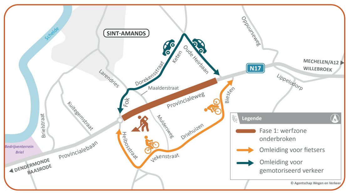 gemBuggenhout's tweet photo. Opgelet! De werken aan de Provincialeweg (N17) gaan van start op 6 maart. Je leest er alles over op https://t.co/Zd1xSlDOVr #buggenhout #n17 #provincialeweg #wegenwerken #omleiding https://t.co/ajt6H6x2Oe