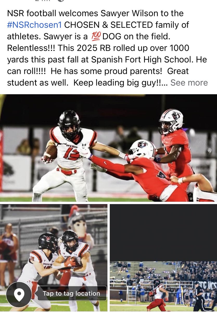 Spanish Forts 1000 yard back, Sawyer Wilson is now a part of the #NSRchosen1 family. Now every college football program in the country has the the opportunity to see and find him!!! Will you be the next #NSRchosen1 ?? #NSRtheONLYrealBIGDOG
