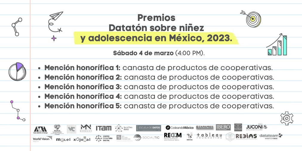 derechoinfancia's tweet image. ⭕️ ¡Qué emoción! 🤩🥳 

Nos vemos hoy en la ceremonia de los #PremiosDatatónSobreNiñezyAdolescencia2023 🏆🥇🥈🥉 donde se reconocerán los mejores trabajos presentados en visualización y narración de las #InfanciasEnDatos🇲🇽

🗓️ Hoy sábado 4 de marzo
🕰️ 4:00 pm  
¡Te esperamos!