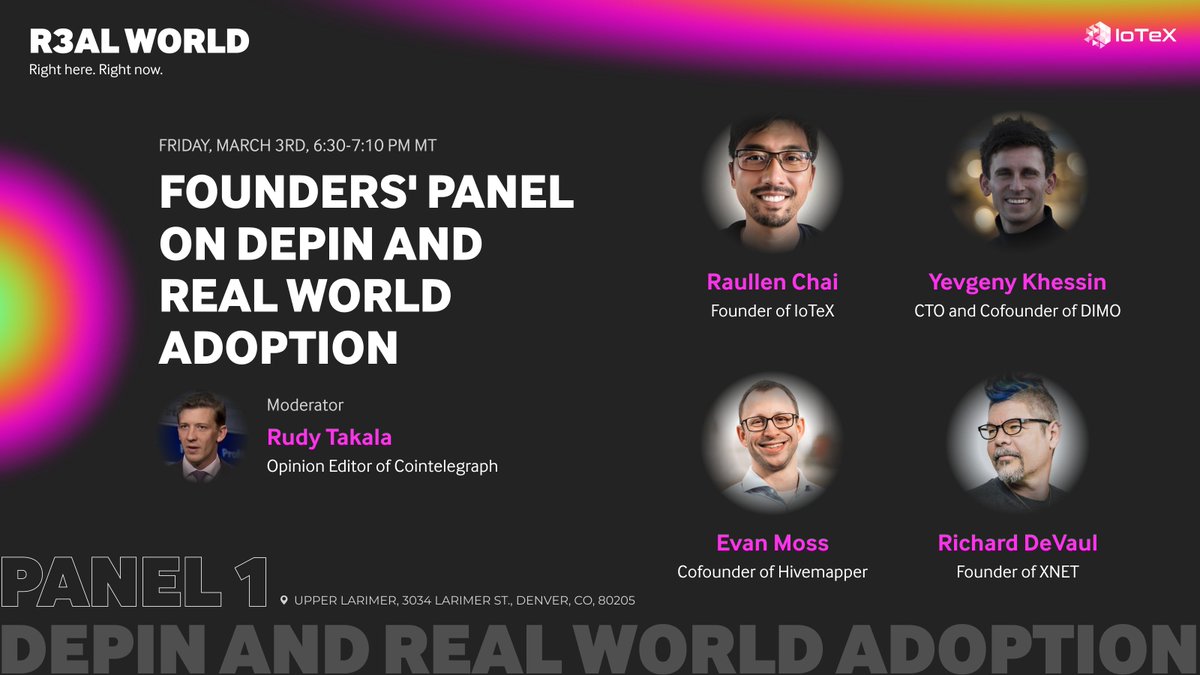 Услышать основателей ведущих проектов DePIN <a href="/iotex_io/">IoTeX</a> <a href="/DIMO_Network/">DIMO</a> <a href="/Hivemapper/">Hivemapper</a> и <a href="/XNET_Mobile/">XNET ⓧ</a>, которые будут говорить о внедрении в реальном мире, модерируемом Opps редактором <a href="/Cointelegraph/">Cointelegraph</a> на #R3alWorld

bit.ly/3Z2aH7c.@Raull… <a href="/evaneatcomputer/">evan moss</a> <a href="/RudyTakala/">August Takala</a> <a href="/rdevaul/">ⓧ Richard DeVaul 🚀🇺🇸💪 devaul.sol</a>
 #ETHDenver