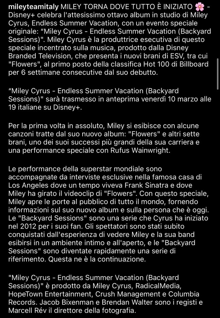 Disney+ celebra l'attesissimo ottavo album in studio di Miley Cyrus con un evento speciale originale: "Miley Cyrus - Endless Summer Vacation (Backyard Sessions)" che sarà trasmesso in anteprima venerdì 10 marzo su <a href="/DisneyPlusIT/">Disney+ IT</a> 💙