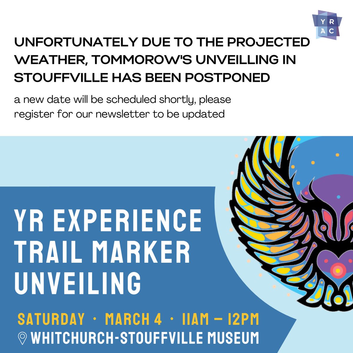 Due to the projected inclement weather, tomorrow's Trail Marker Installation in Stouffville has been postponed until a later date. Please register for our newsletter to receive updates on when the unveiling will take place. 

#YorkRegion #YRArts #ExperienceTrail