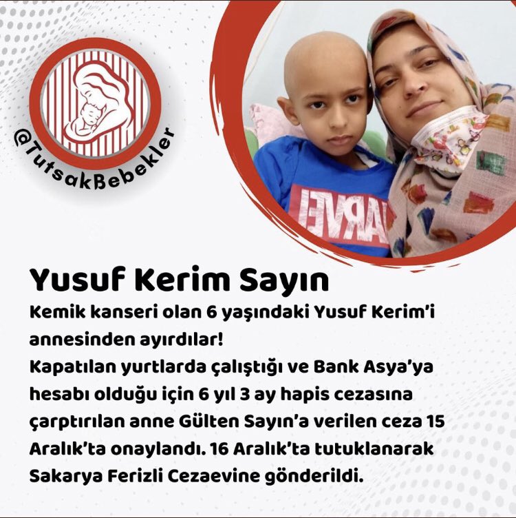 Yusuf Kerim 4.evre kanser hastası
 
Yaşama ihtimali %20
 
Annesi cezaevinde
 
O'nun annesine ihtiyacı var.

Morali iyi olursa bu hastalığı yenebilir

#YusufKerimYineAnnesiz
