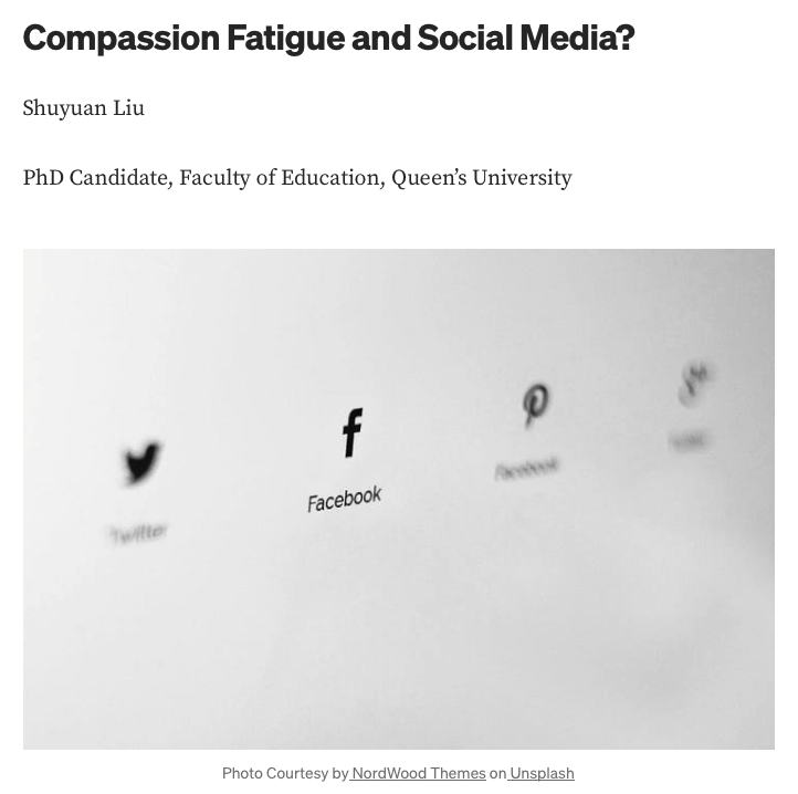 JCACSRACEC's tweet photo. "It is also worth noting that we cannot cope with compassion fatigue on social media on our own; instead, various groups must contribute to transformation" (@ShuyuanLiu).

Have a look at what our muser has to say about compassion fatigue and social media. 
https://t.co/kpQORCOcJ3 https://t.co/maFCD1HghV