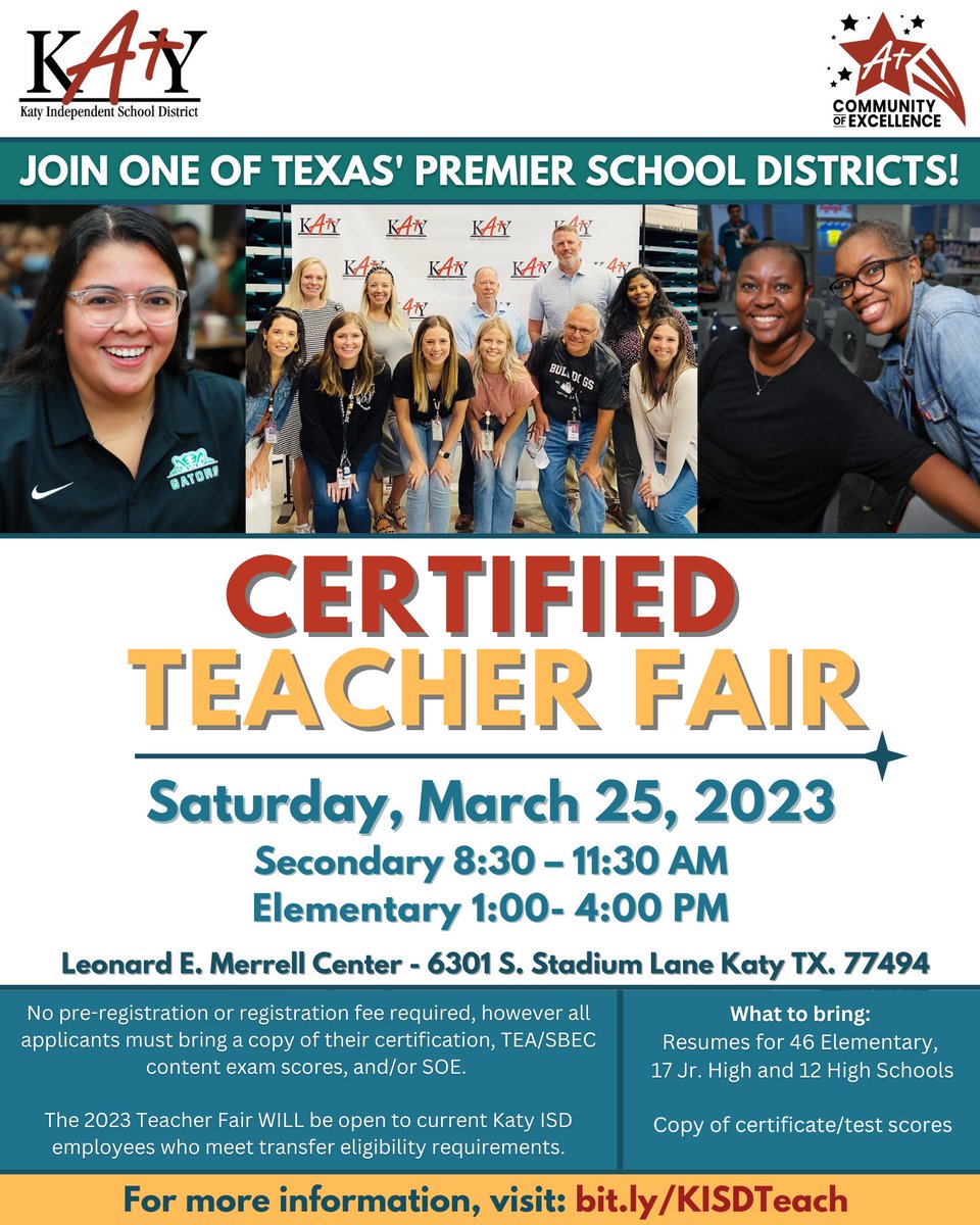 katyisd's tweet photo. We are hiring! If you are a certified teacher, join us at the upcoming Katy ISD Certified Teacher Job Fair on Saturday, March 25 and become a part of the Katy ISD Family! Learn more here: https://t.co/ZfqRzlhufK https://t.co/no6SkxHXII