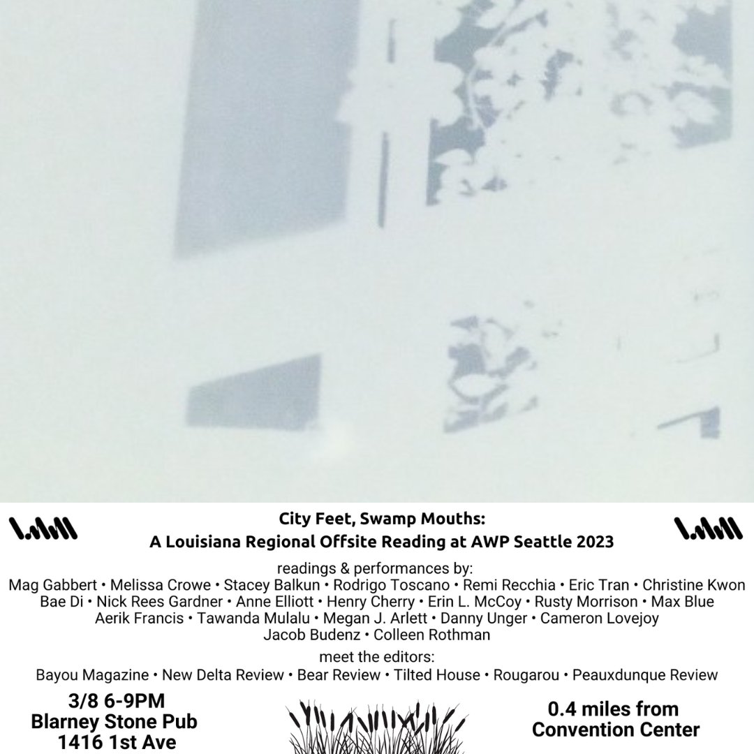 If you're coming to AWP 2023, join us Wednesday, March 8th, at 6:00 PM at Blarney Stone Pub for an offsite reading showcasing Louisiana's finest literary journals and organizations! @lmnl_lit

Rougarou / <a href="/BayouMag/">Bayou Magazine</a> / <a href="/BearReview/">Bear Review</a> / @PeauxReview / <a href="/tiltedhousenola/">Tilted House</a> / <a href="/ndrmag/">New Delta Review</a>