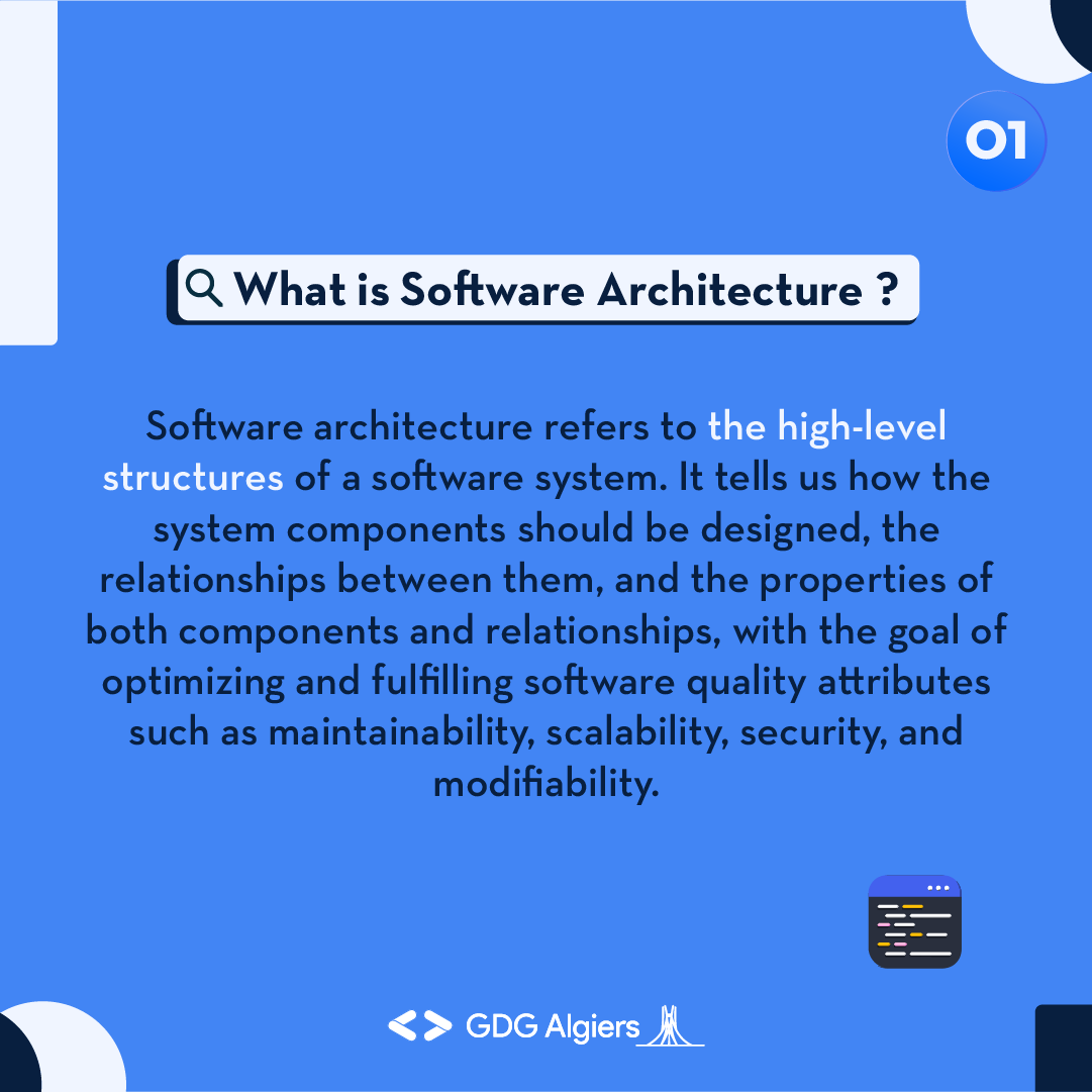 GDG_Algiers's tweet photo. #webitup continues, and in this category, we discuss of the important things to consider when developing #software is its structure and how elements interact with each other inside of it, which we call Software Architecture, care to know more?
Swipe left and enjoy💻 https://t.co/BGN5Fq7rT0