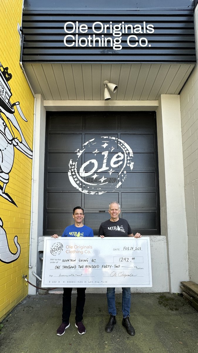 #FBF to last week when #OleOriginals presented Martin Littlejohn, the E.D. of Western Canada Mountain Bike Tourism Association (MBTA) with a cheque for $1242.00 raised from the sale of <a href="/mountainbikeBC/">Mountain Bike BC</a> t-shirts. 

#OLEandMTBBC
#olecommunity
#olefundraising
#mountainbiking