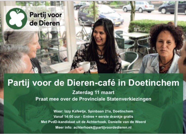 Wil je meer weten over de idealen van de Partij voor de Dieren ? Kom dan naar ons café in Doetinchem op 11 maart. #PvdD #PS2023 #gelderland #laatdenatuurnietstikken #klimaatcrisis