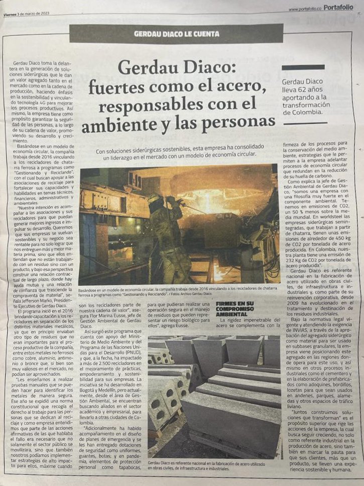 El acero es un material clave en la lucha contra el cambio climático, ¡y @GerdauDiaco lo sabe muy bien! Conoce cómo esta siderúrgica está comprometida con el ambiente y el desarrollo social del país🇨🇴. Lee su artículo en <a href="/Portafolioco/">Portafolio</a>: