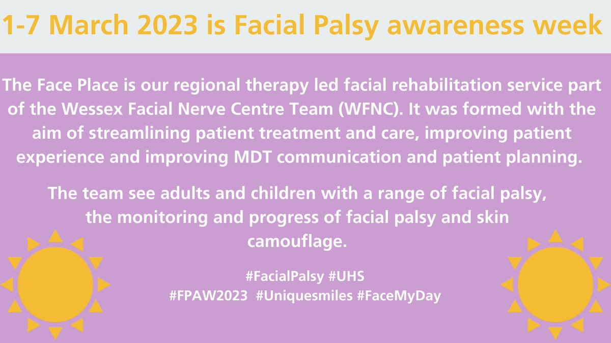 This week is Facial Palsy awareness week. At The Face Place, which is part of the Wessex Facial Nerve Centre Team at @CentreWessex, we have a multi-disciplinary team interested in facial palsy rehab. 

For more information, visit: uhs.nhs.uk/departments/br…

#FPAW2023 #FacialPalsy