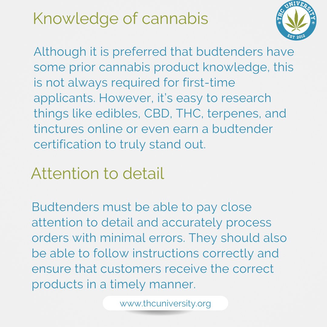 thcuniversity's tweet image. Having these skills will help you get a leg up on your job search! 420 is coming; get ready!

#budtenderlife #cannacareer #420