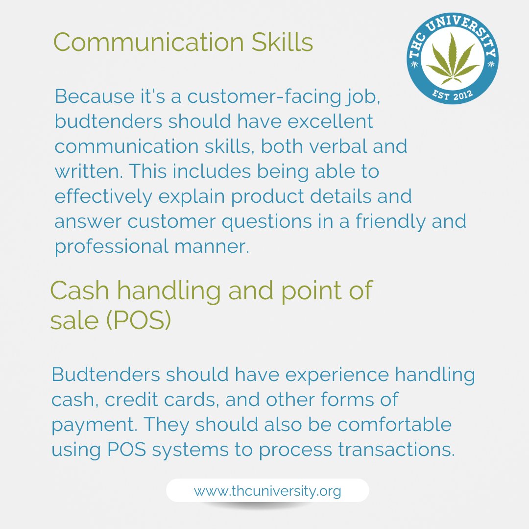 thcuniversity's tweet image. Having these skills will help you get a leg up on your job search! 420 is coming; get ready!

#budtenderlife #cannacareer #420