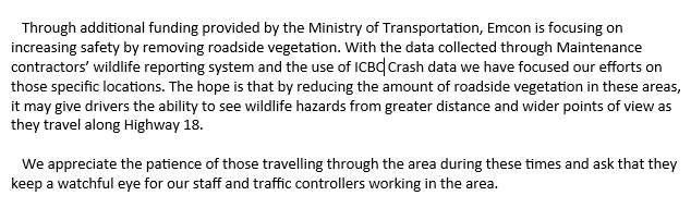 **Upcoming Project** #BCHwy18 Single Lane Alternating Traffic from Mar 6-Mar 13. Road side vegetation removal in areas with high volumes of wildlife crossings. Expect minor delays. Check @DriveBC for changes and updates. #Lakecowichan #DuncanBC