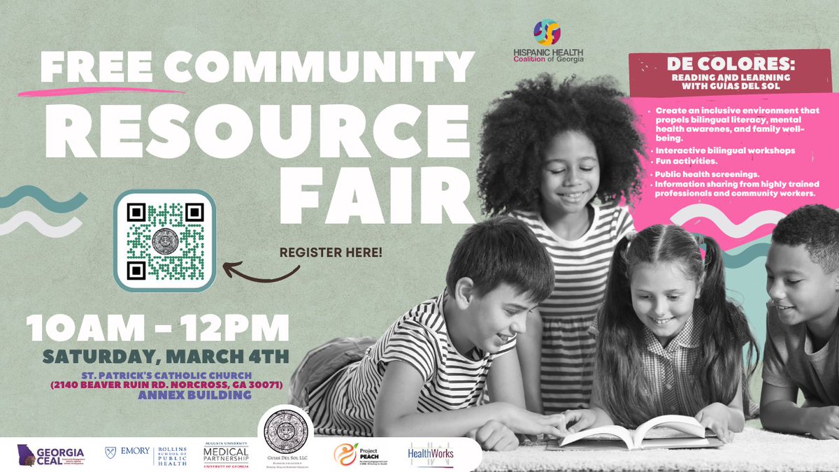 YOU ARE INVITED to an Interactive workshops and activities for children ages 5- 7, parent workshops, health screenings & public health information, raffles, snacks & giveaways.

#HHCGA #HispanicHealth #BilingualEvent #CommunityResourceFair #EventoGratis