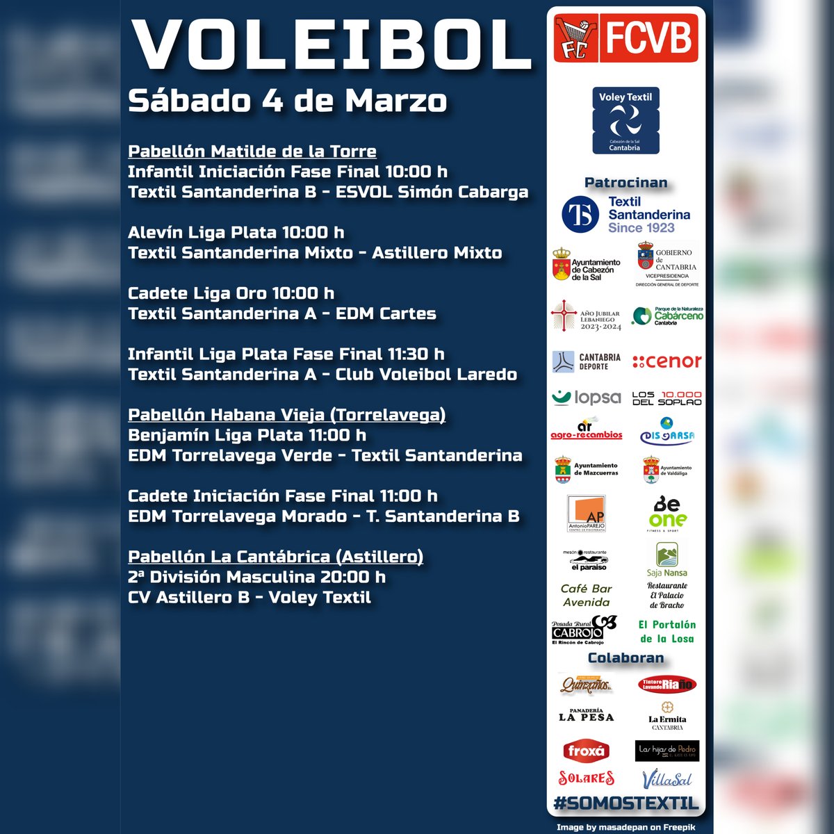 Vuelve la actividad tras el parón por las vacaciones de carnaval. Mañana sábado tendremos a nuestros equipos disfrutando del #voleibol en #cabezondelasal y otros puntos de #Cantabria.

¡Mucha suerte a todos!