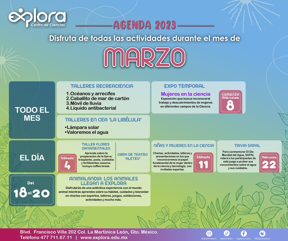 📅#Agenda #Marzo☀️🍃 
Organiza tu visita con tu familia 👨‍👩‍👧‍👦y disfruta de todo lo que <a href="/ExploraLeon/">Explora</a> ha preparado para ti🤩 
☀️🦋¡Bienvenido el mes de la #primavera!🌺☀️
#calendario #León #Guanajuato #CentrodeCiencias #Ciencias #diversión