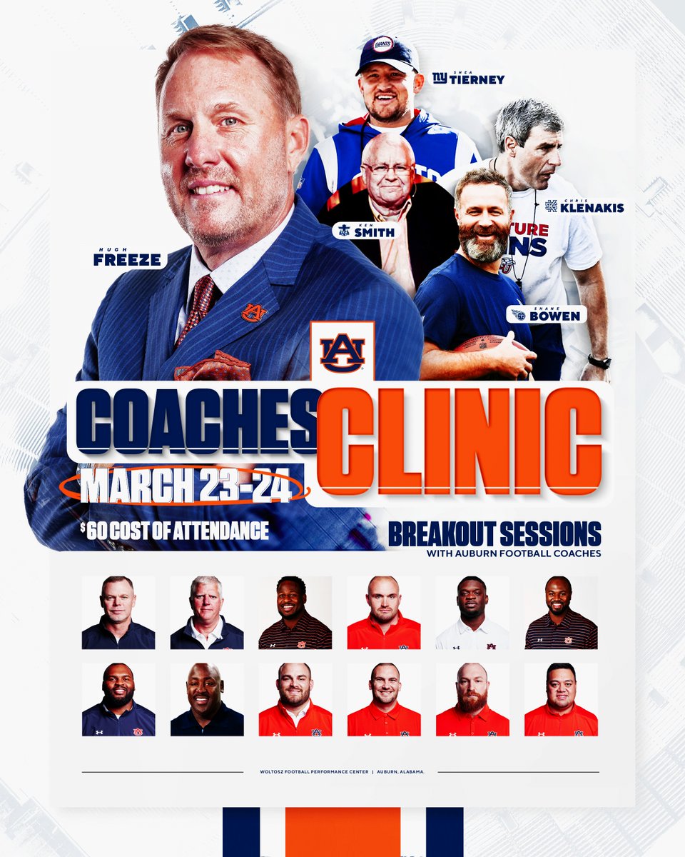 𝐃𝐨𝐧'𝐭 𝐦𝐢𝐬𝐬 𝐨𝐮𝐭! 🗣

Auburn Football Coaches Clinic 🏈
🗓️ March 23-24

Registration and Hotel Information is 𝐍𝐨𝐰 𝐀𝐯𝐚𝐢𝐥𝐚𝐛𝐥𝐞!↓

auburntige.rs/2Y4ljE1